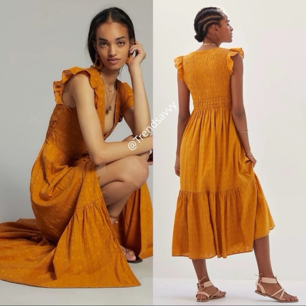Anthropologie gold midi dress